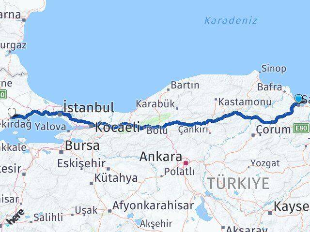 Samsun İlkadım Tekirdağ Arası Kaç Km - Yol Haritası