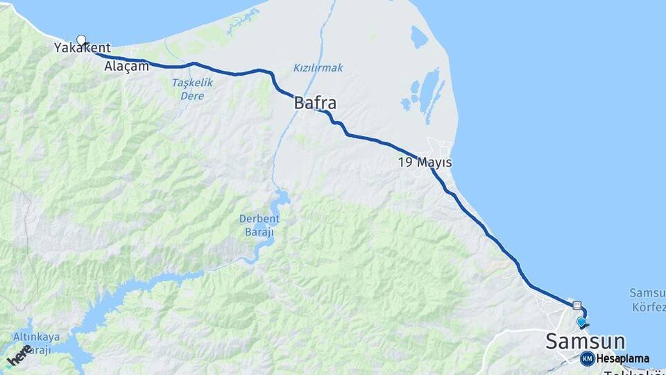 Samsun İlkadım Yakakent Arası Kaç Km - Yol Haritası