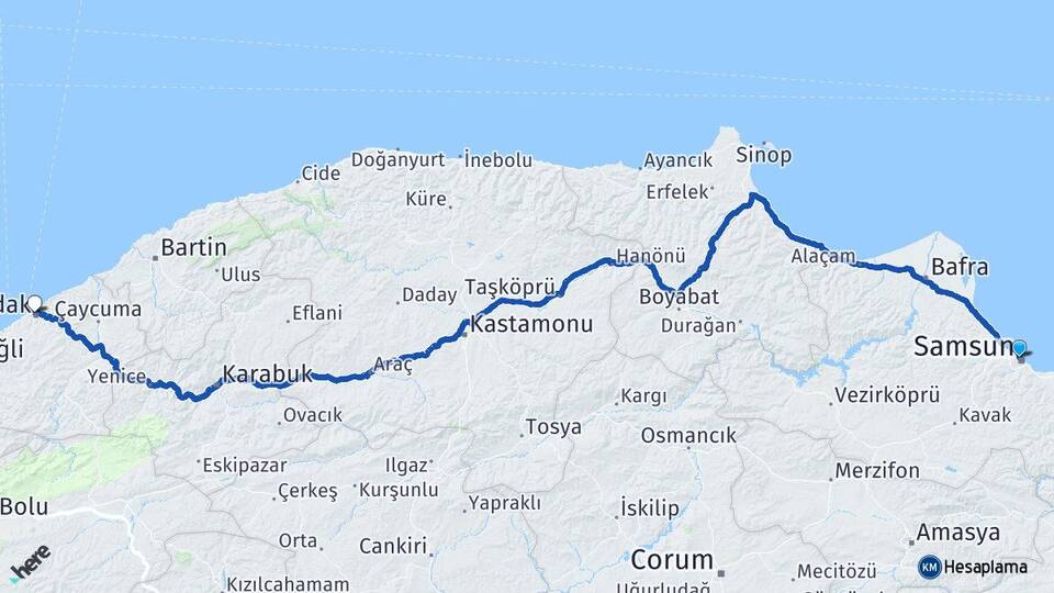 Samsun İlkadım Zonguldak Arası Kaç Km - Yol Haritası