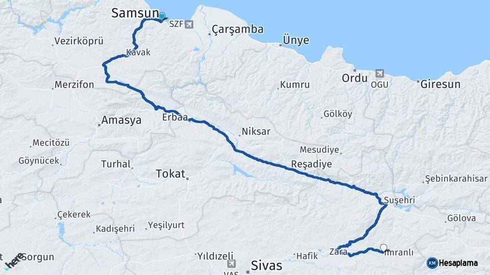 Samsun İmranlı Sivas Arası Kaç Km - Yol Haritası