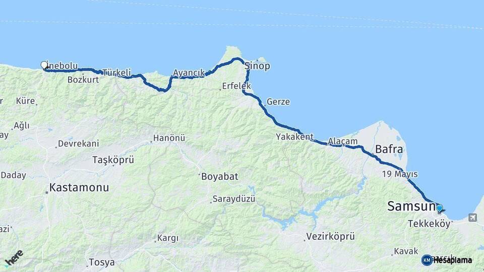 Samsun İnebolu Kastamonu Arası Kaç Km - Yol Haritası