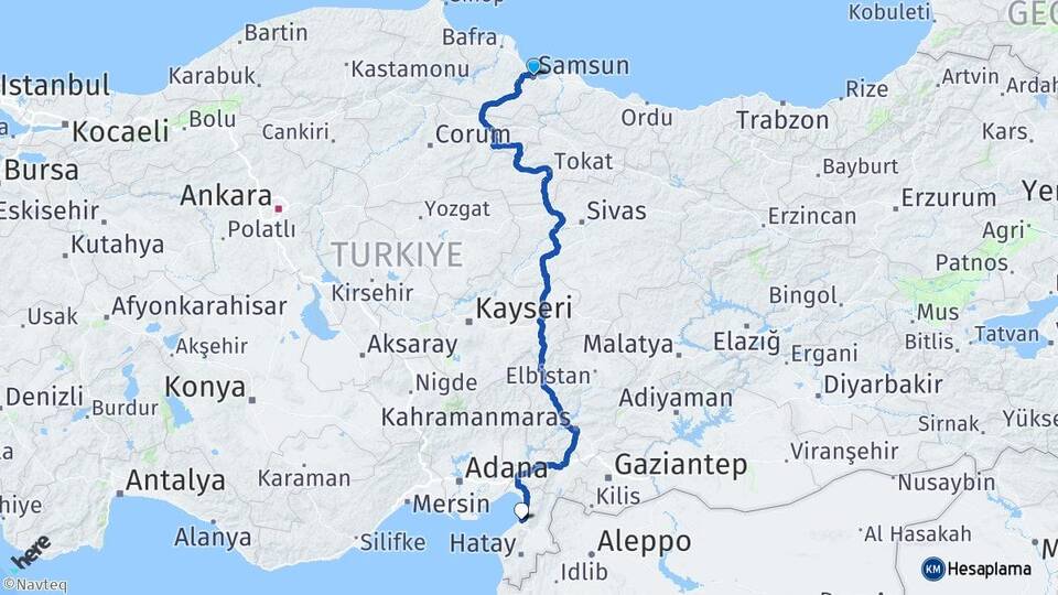 Samsun İskenderun Hatay Arası Kaç Km - Yol Haritası