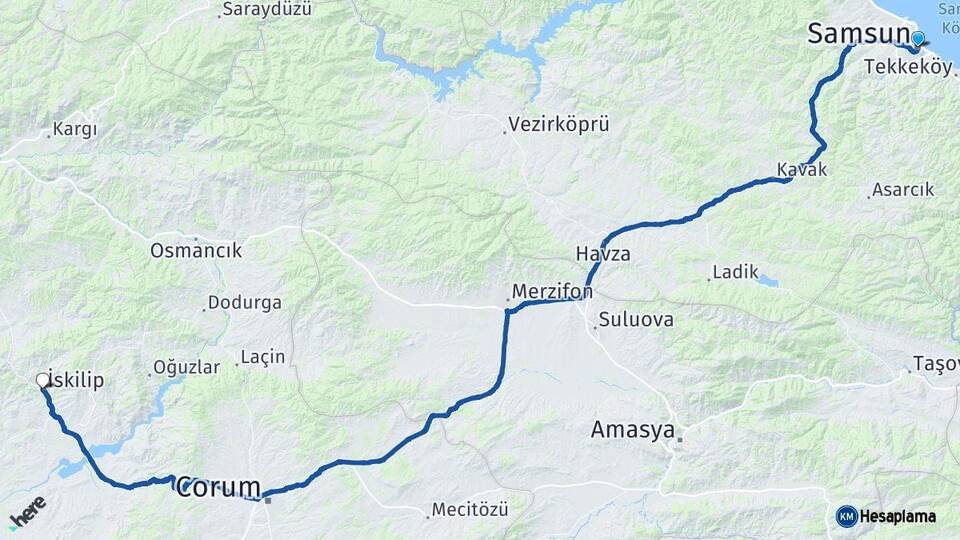 Samsun İskilip Çorum Arası Kaç Km - Yol Haritası