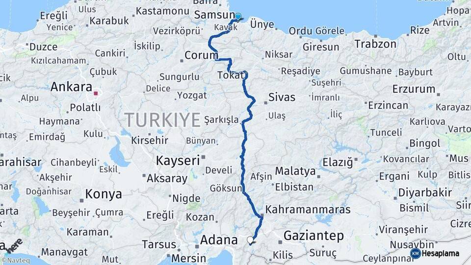 Samsun İslahiye Gaziantep Arası Kaç Km - Yol Haritası