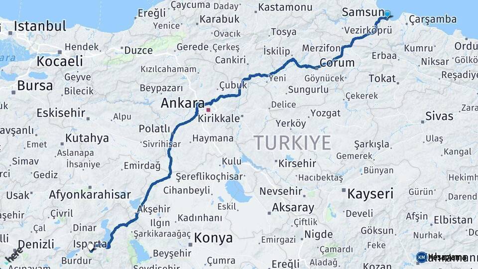 Samsun Isparta Arası Kaç Km - Yol Haritası