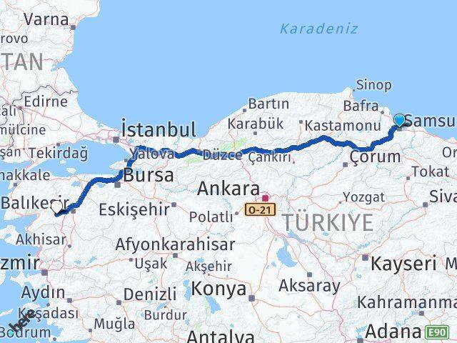 Samsun İvrindi Balıkesir Arası Kaç Km - Yol Haritası