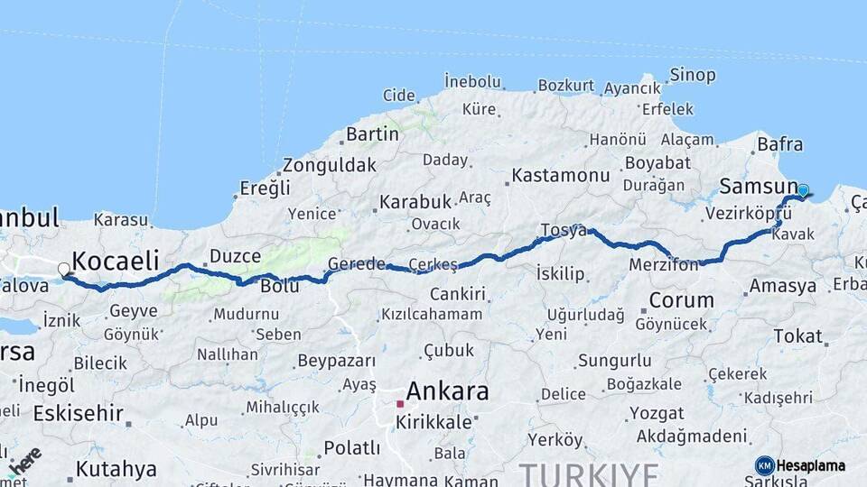 Samsun İzmit Kocaeli Arası Kaç Km - Yol Haritası