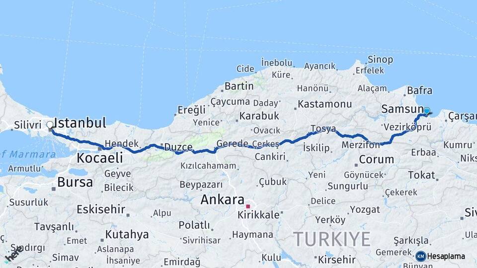 Samsun Kağıthane İstanbul Arası Kaç Km - Yol Haritası