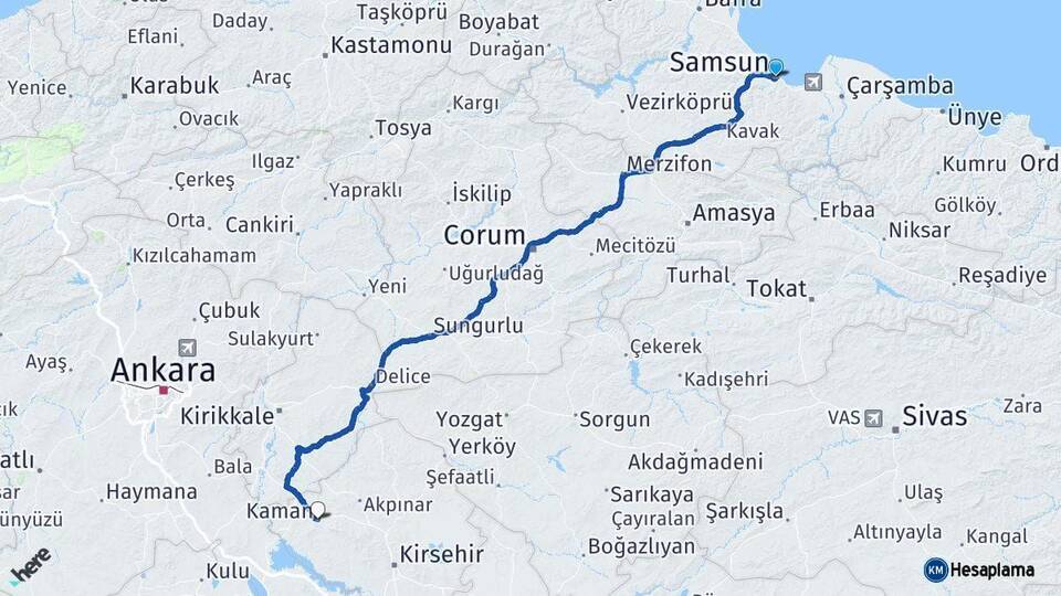 Samsun Kaman Kırşehir Arası Kaç Km - Yol Haritası