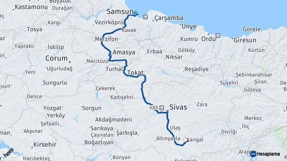 Samsun Kangal Sivas Arası Kaç Km - Yol Haritası