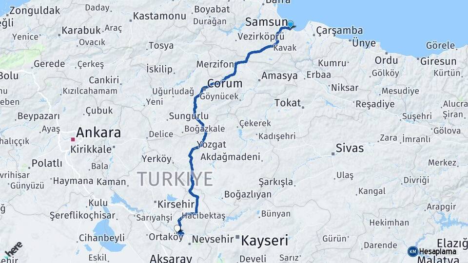 Samsun Kapadokya Havalimanı Arası Kaç Km - Yol Haritası