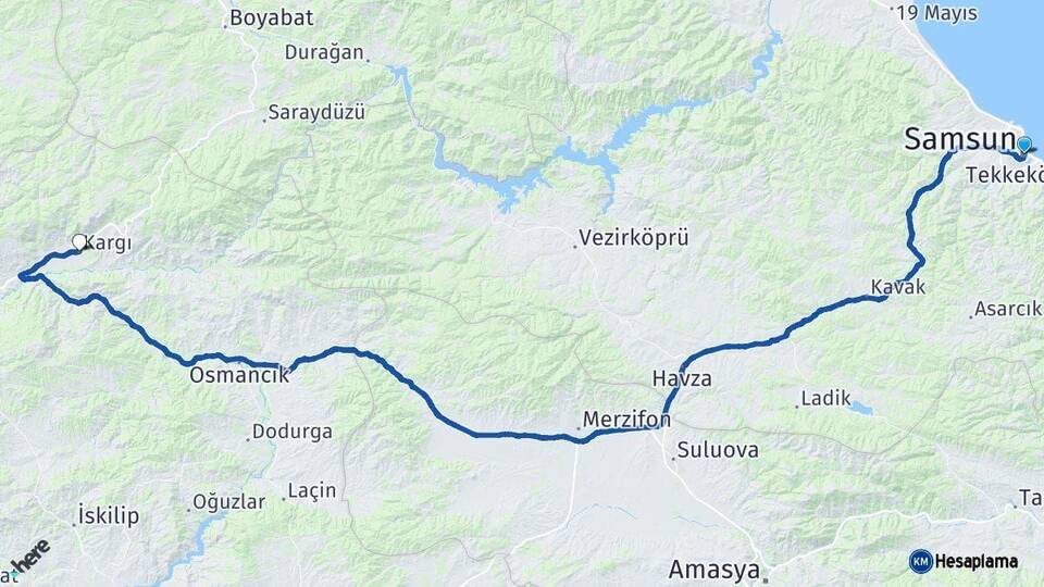 Samsun Kargı Çorum Arası Kaç Km - Yol Haritası
