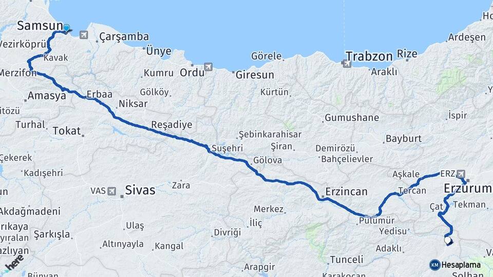 Samsun Karlıova Bingöl Arası Kaç Km - Yol Haritası