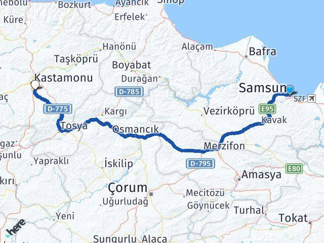 Samsun Kastamonu Havalimanı Arası Kaç Km - Yol Haritası