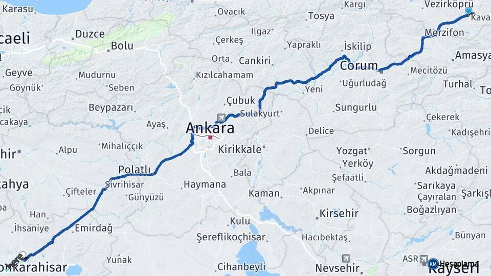 Samsun Kavak Afyonkarahisar Arası Kaç Km - Yol Haritası