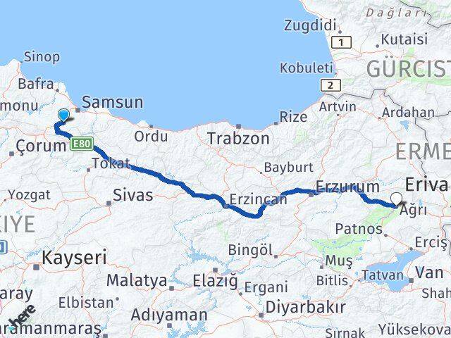 Samsun Kavak Ağrı Arası Kaç Km - Yol Haritası