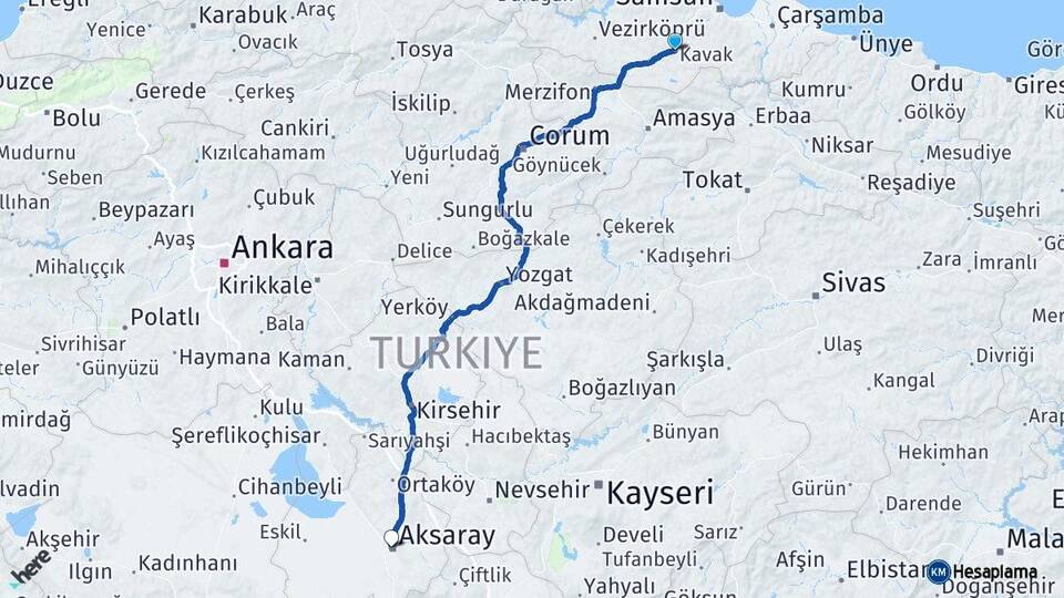 Samsun Kavak Aksaray Arası Kaç Km - Yol Haritası