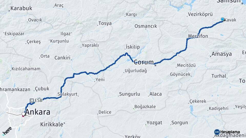 Samsun Kavak Ankara Arası Kaç Km - Yol Haritası