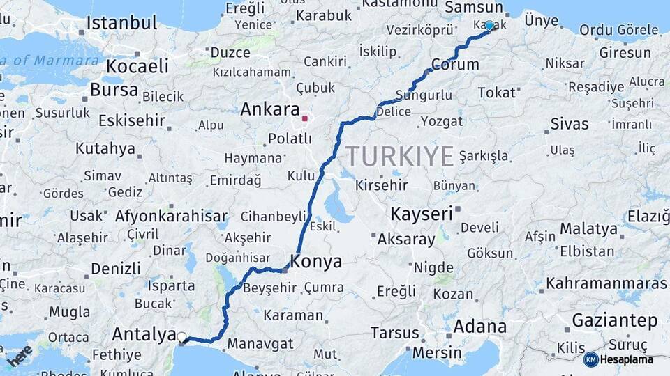 Samsun Kavak Antalya Arası Kaç Km - Yol Haritası