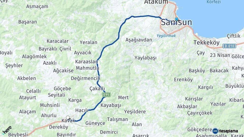 Samsun Kavak Arası Kaç Km - Yol Haritası