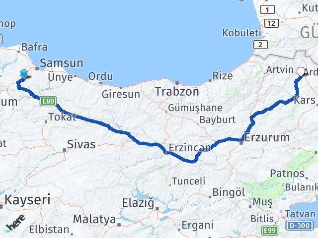 Samsun Kavak Ardahan Arası Kaç Km - Yol Haritası