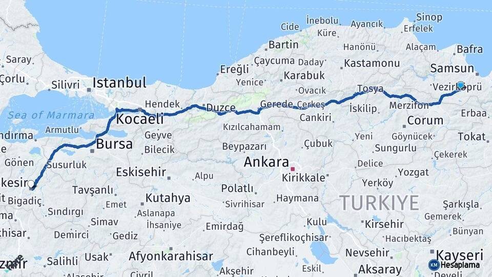 Samsun Kavak Balıkesir Arası Kaç Km - Yol Haritası
