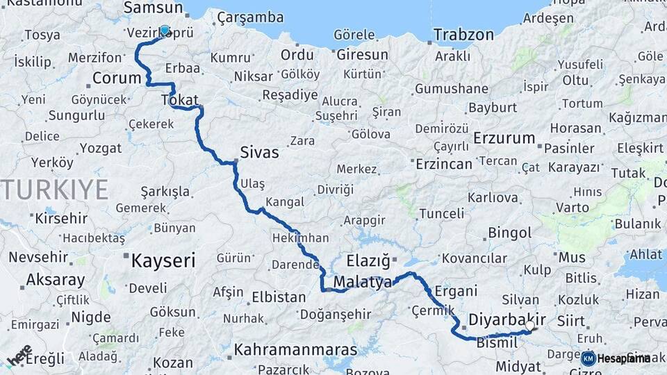 Samsun Kavak Batman Arası Kaç Km - Yol Haritası