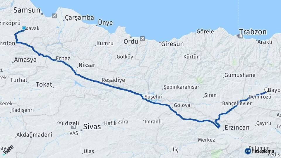 Samsun Kavak Bayburt Arası Kaç Km - Yol Haritası