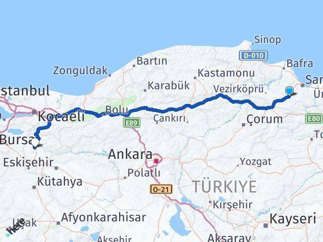 Samsun Kavak Bilecik Arası Kaç Km - Yol Haritası