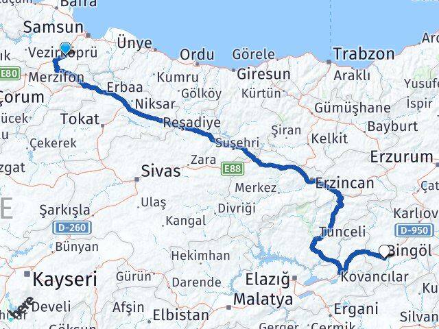 Samsun Kavak Bingöl Arası Kaç Km - Yol Haritası