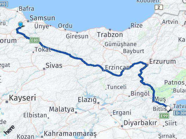 Samsun Kavak Bitlis Arası Kaç Km - Yol Haritası