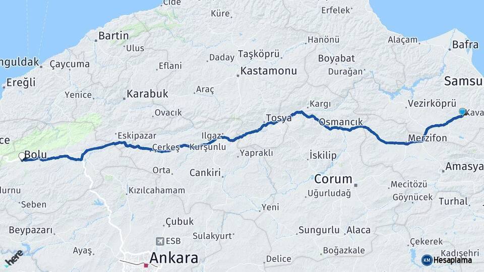 Samsun Kavak Bolu Arası Kaç Km - Yol Haritası