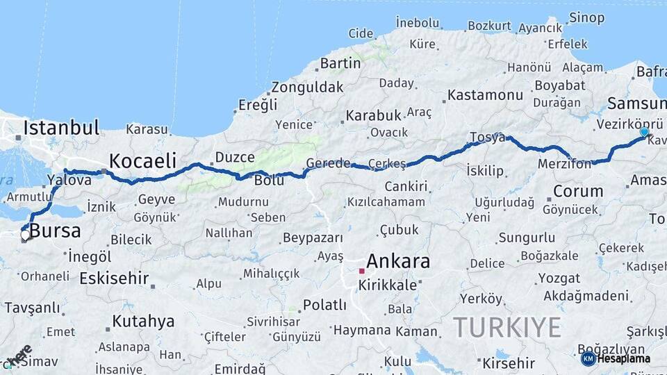 Samsun Kavak Bursa Arası Kaç Km - Yol Haritası