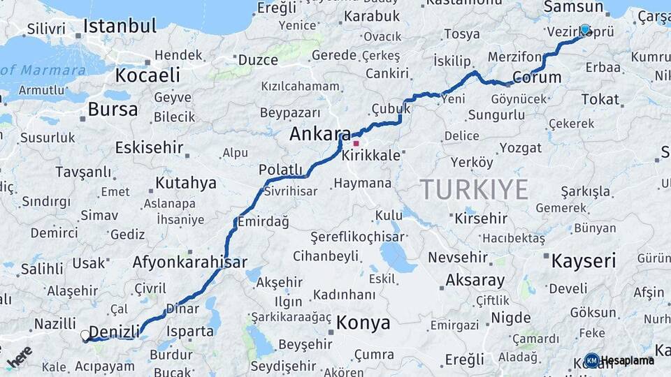 Samsun Kavak Denizli Arası Kaç Km - Yol Haritası
