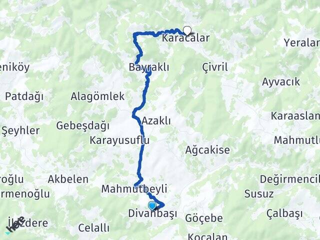 Divanbaşı Karacalar Arası Kaç Km - Yol Tarifi