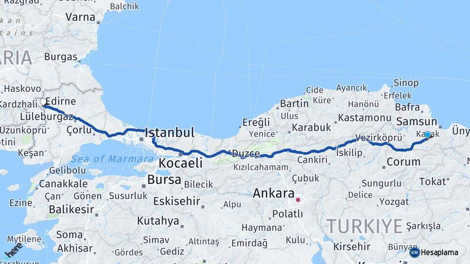 Samsun Kavak Edirne Arası Kaç Km - Yol Haritası