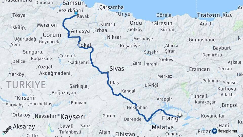 Samsun Kavak Elazığ Arası Kaç Km - Yol Haritası