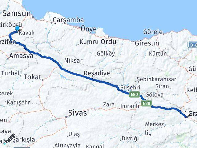 Samsun Kavak Erzincan Arası Kaç Km - Yol Haritası