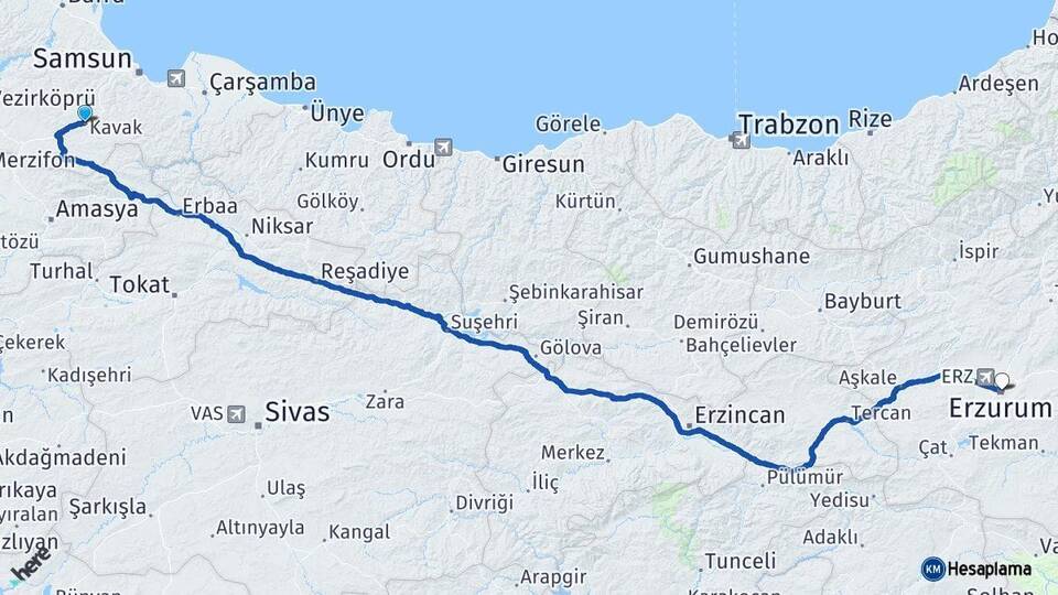 Samsun Kavak Erzurum Arası Kaç Km - Yol Haritası