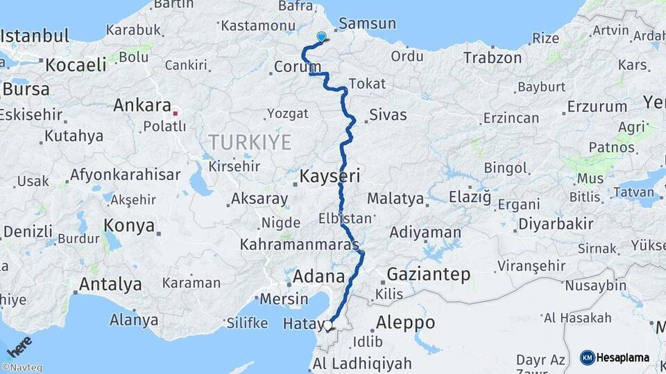 Samsun Kavak Hatay Arası Kaç Km - Yol Haritası