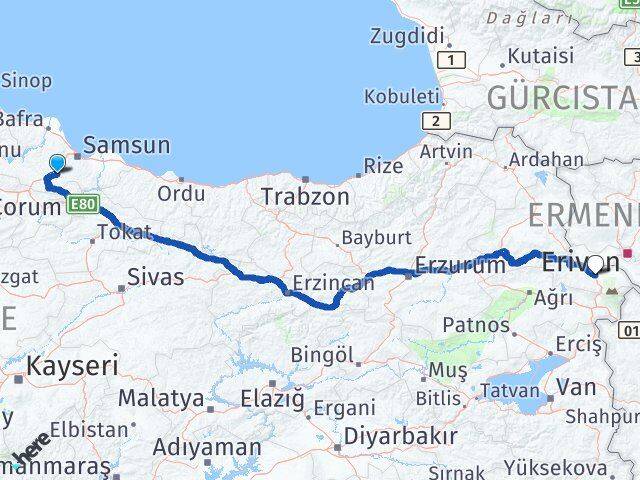 Samsun Kavak Iğdır Arası Kaç Km - Yol Haritası