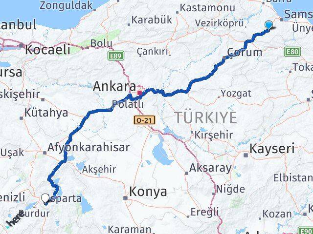Samsun Kavak Isparta Arası Kaç Km - Yol Haritası