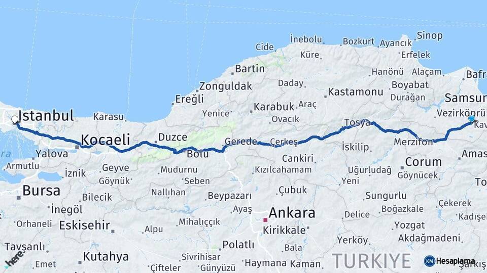 Samsun Kavak İstanbul Arası Kaç Km - Yol Haritası
