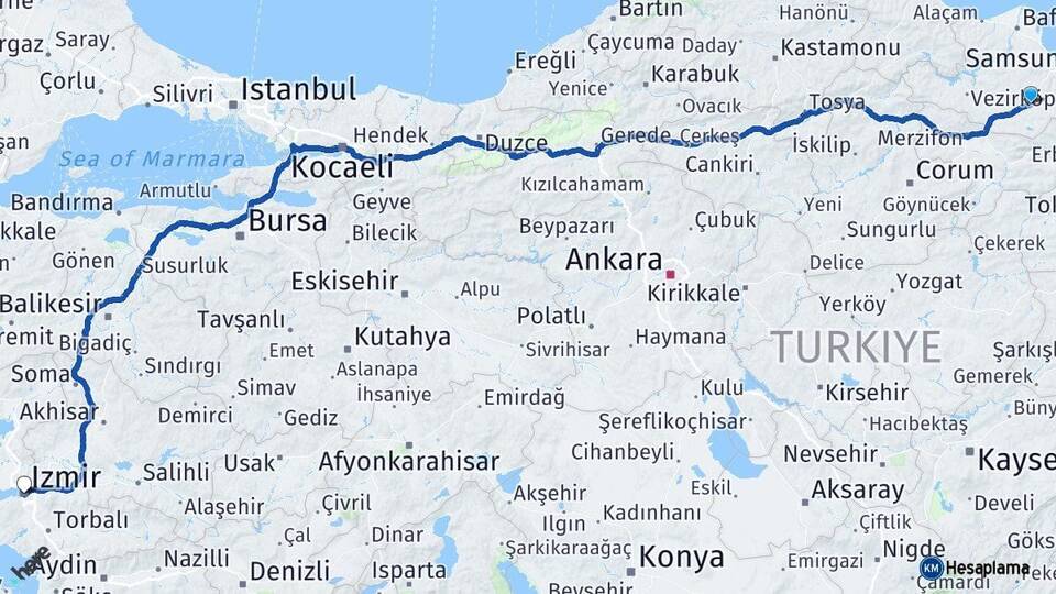 Samsun Kavak İzmir Arası Kaç Km - Yol Haritası