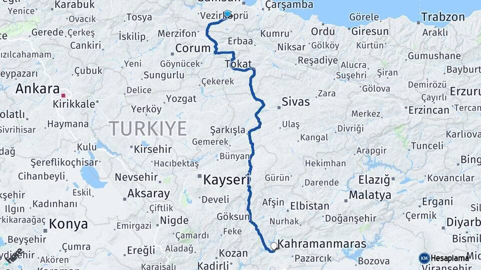 Samsun Kavak Kahramanmaraş Arası Kaç Km - Yol Haritası