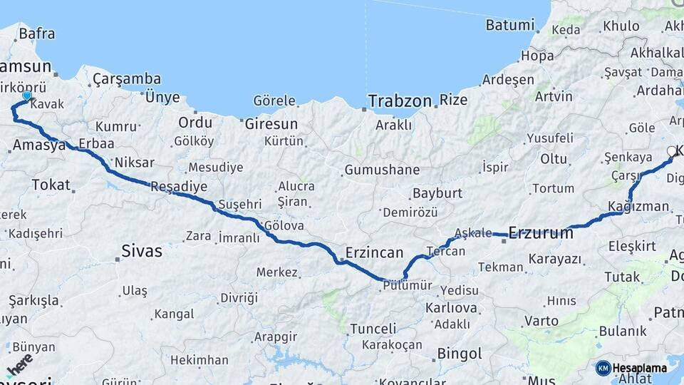 Samsun Kavak Kars Arası Kaç Km - Yol Haritası