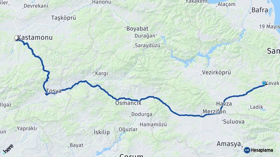 Samsun Kavak Kastamonu Arası Kaç Km - Yol Haritası