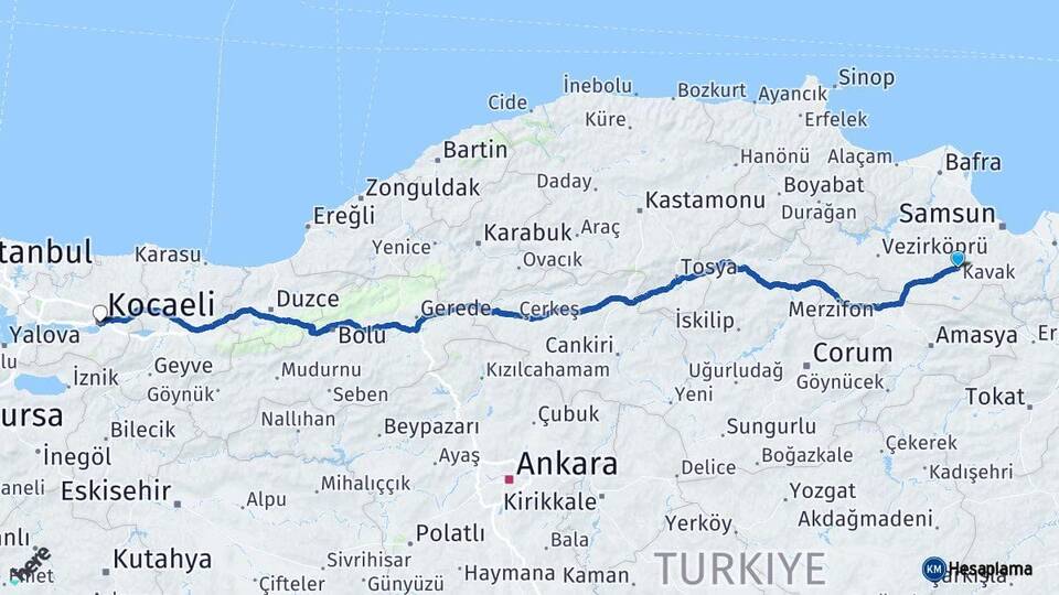 Samsun Kavak Kocaeli Arası Kaç Km - Yol Haritası