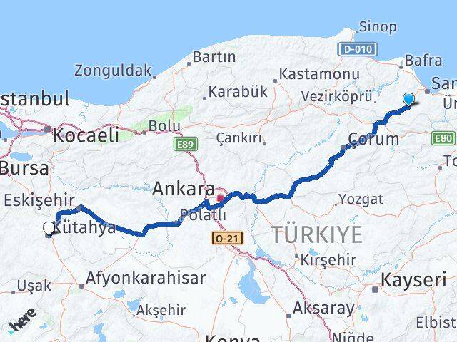 Samsun Kavak Kütahya Arası Kaç Km - Yol Haritası