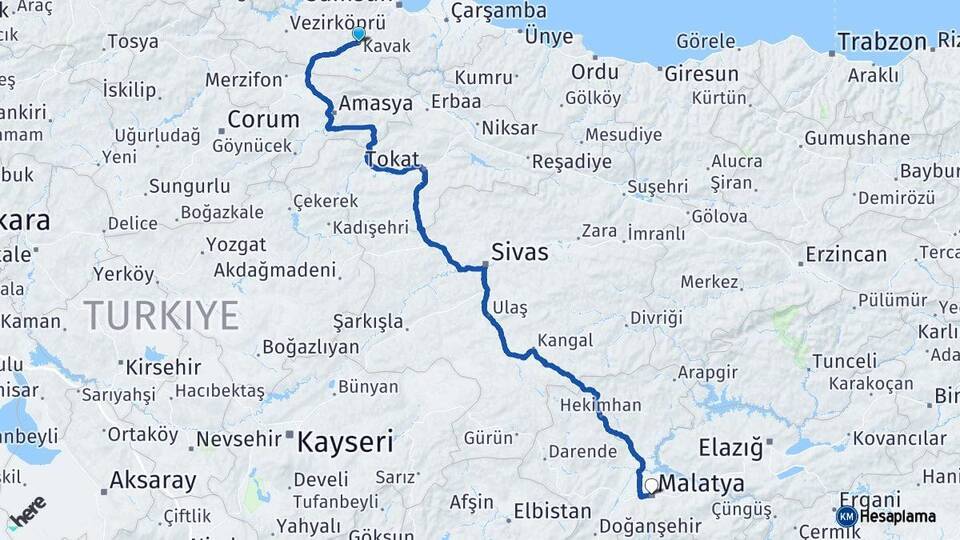 Samsun Kavak Malatya Arası Kaç Km - Yol Haritası